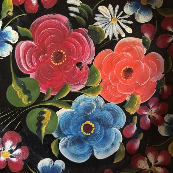Vintage Mexican Batea Hand Painted Tole Tray Wood Folk Art Bowl Colorful Floral - Picture 3 of 4